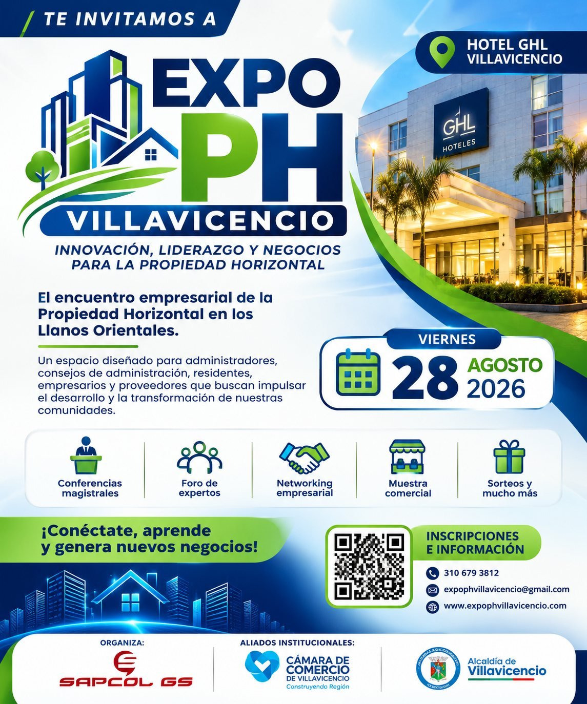 Pieza oficial de invitación a EXPO PH Villavicencio, viernes 28 de agosto de 2026, Hotel GHL Villavicencio